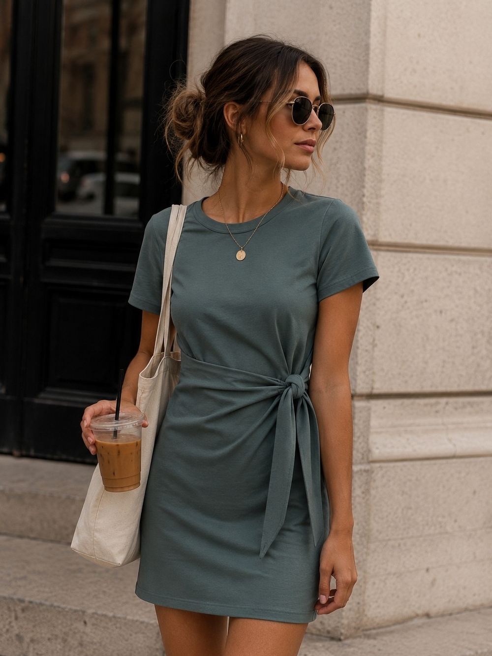 a new day Olive Green Tie-Waist Short Sleeve Mini Dress